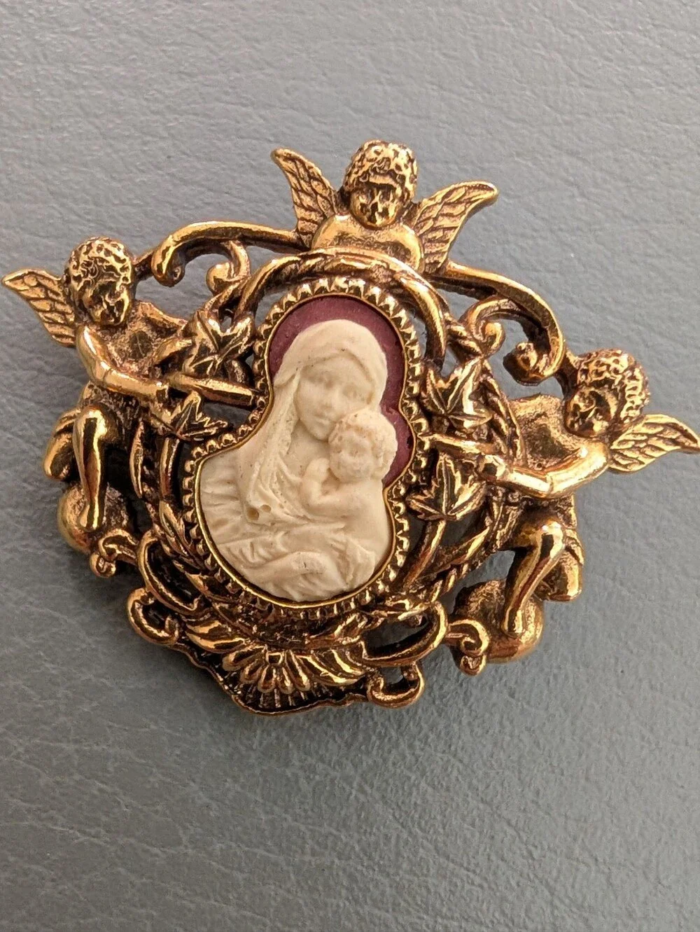 Gold-Tone Cherub Madonna and Child Brooch